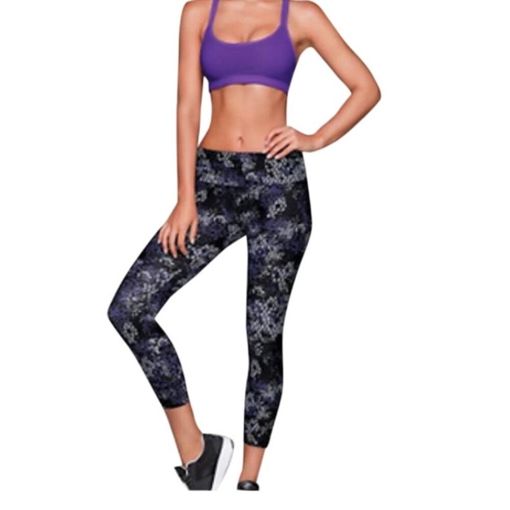 Lorna Jane Crusher Core Ankle Biter Legging Black Purple Crusher Print XS 0-2